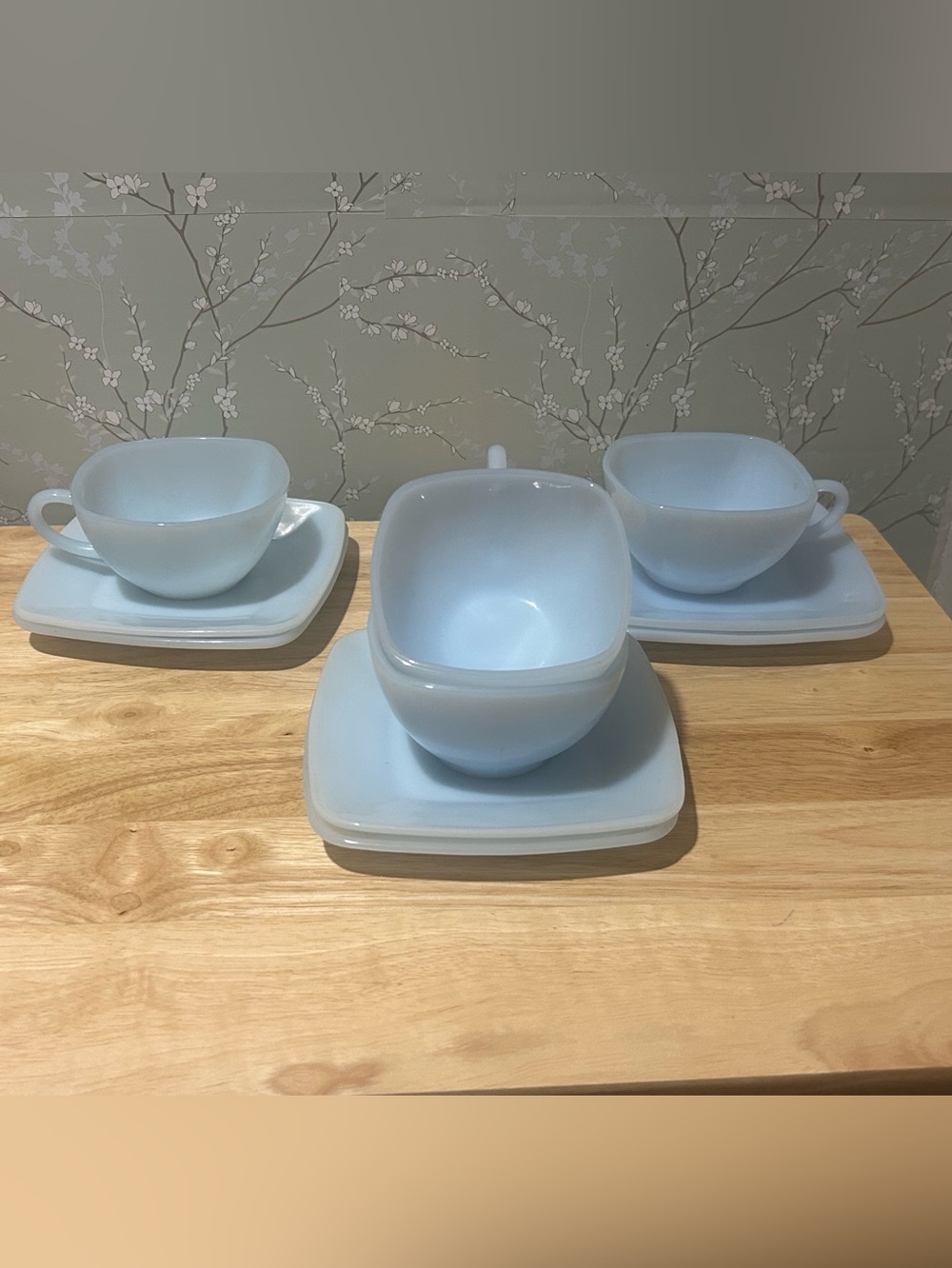 Vintage Fire King Azurite Charm Milk Glass Cups and Saucers